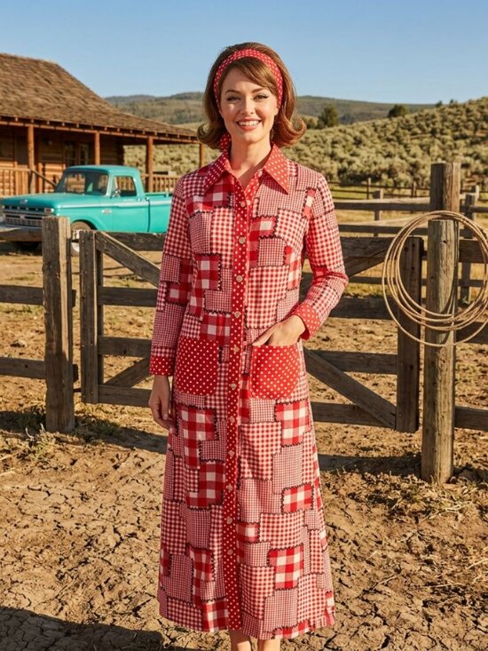 Vintage Dresses & Skirts - Vtg 70s red gingham plaid patchwork long sleeve maxi dress